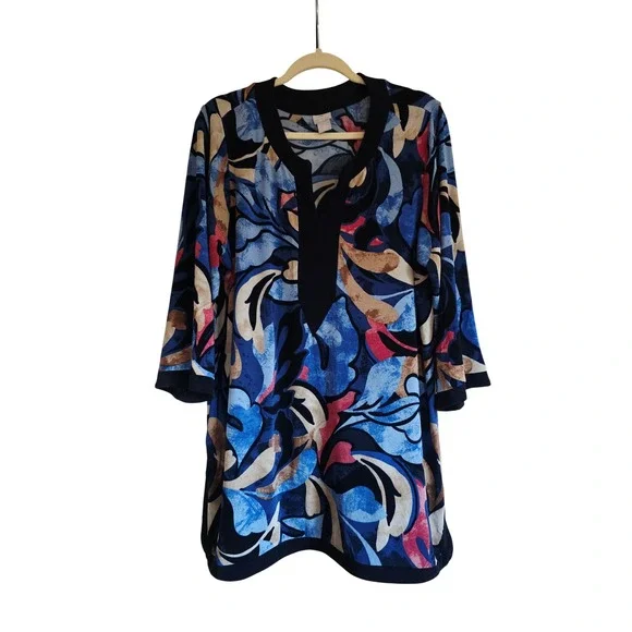 Chicos Travelers 3 Border Print Sit Neck Floral Slinky 3/4 Sleeve Tunic Top - Picture 3 of 9